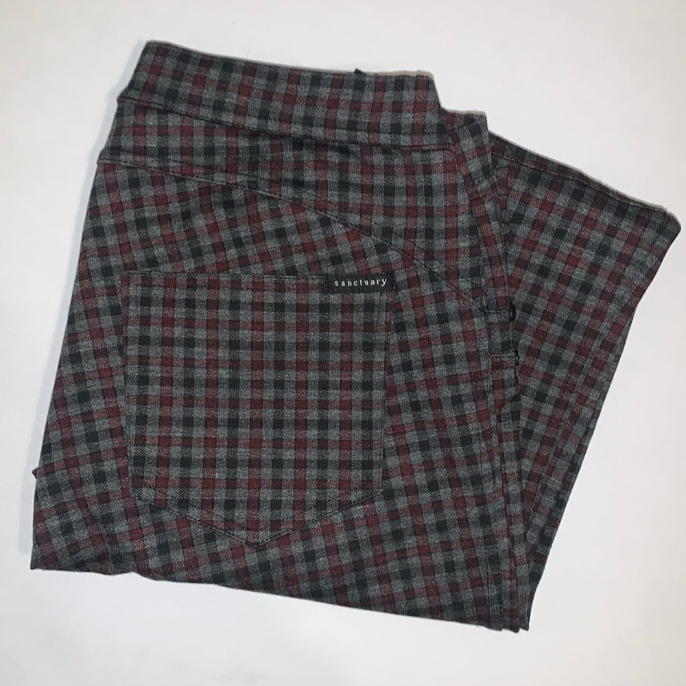 Sanctuary Grease Ponte Jeggings Plaid Check Stretch Ankle Burgundy Black Gray S